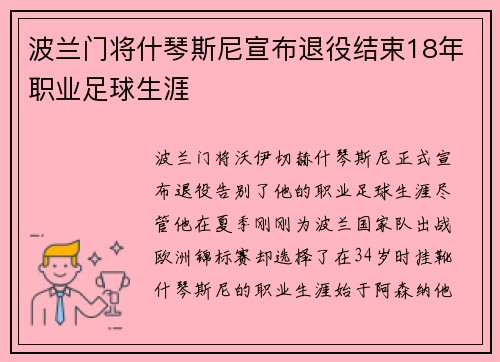 波兰门将什琴斯尼宣布退役结束18年职业足球生涯